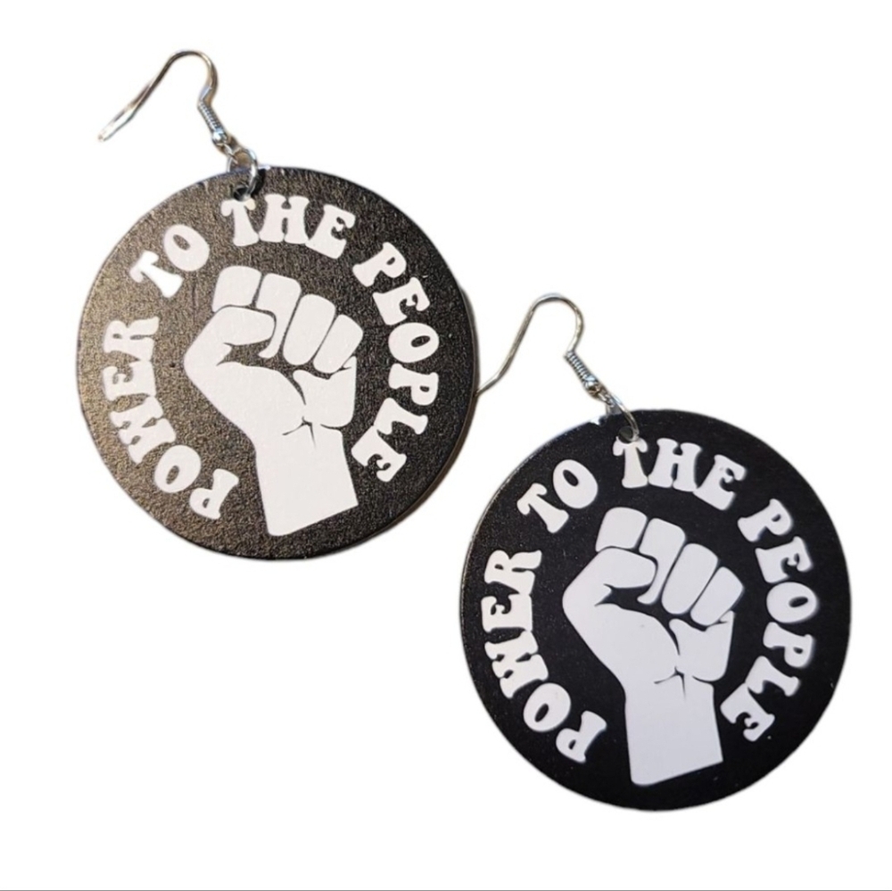 NWT! Power To The People Black White Faux Wood Dangle Earrings NEW